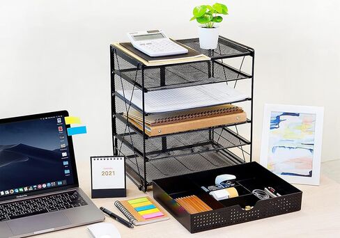 CAXXA 5 Tier Mesh Letter Tray, Desk File Organizer, Desktop Paper Tray Holder with Drawer, Black in Kuwait
