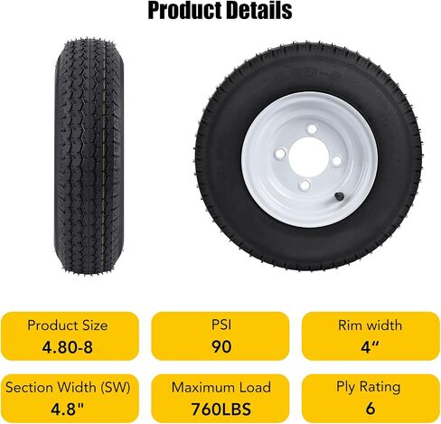 4.80-8 4.80x8 480-8 4.80-8 إطارات المقطورة بإطارات 8 بوصة، 4 عروة على 4 بوصة، نطاق التحميل C، 6PR in Kuwait