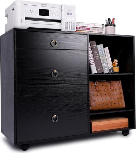 خزانة الملفات المتنقلة EasyPAG ذات 3 أدراج وخزانة الملفات الجانبية الخشبية ورفين مفتوحين للمستندات والورق ومجلدات الملفات المعلقة، أسود in Kuwait