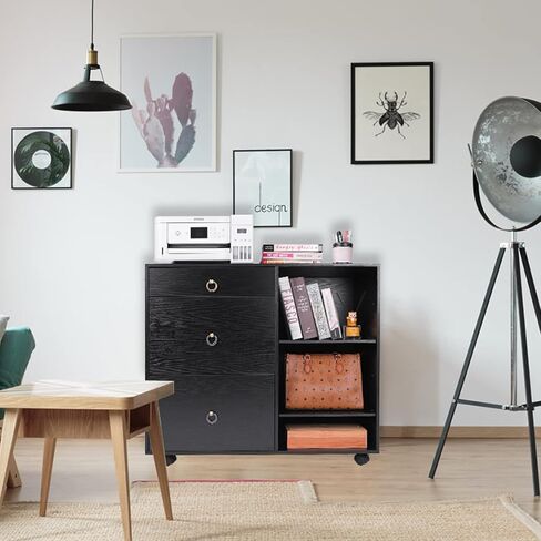 خزانة الملفات المتنقلة EasyPAG ذات 3 أدراج وخزانة الملفات الجانبية الخشبية ورفين مفتوحين للمستندات والورق ومجلدات الملفات المعلقة، أسود in Kuwait