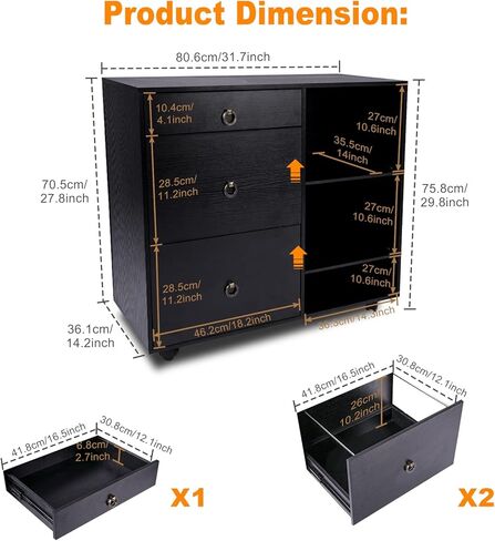 خزانة الملفات المتنقلة EasyPAG ذات 3 أدراج وخزانة الملفات الجانبية الخشبية ورفين مفتوحين للمستندات والورق ومجلدات الملفات المعلقة، أسود in Kuwait