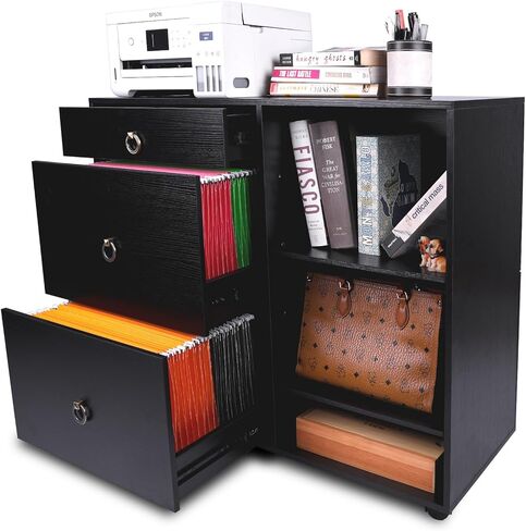 خزانة الملفات المتنقلة EasyPAG ذات 3 أدراج وخزانة الملفات الجانبية الخشبية ورفين مفتوحين للمستندات والورق ومجلدات الملفات المعلقة، أسود in Kuwait