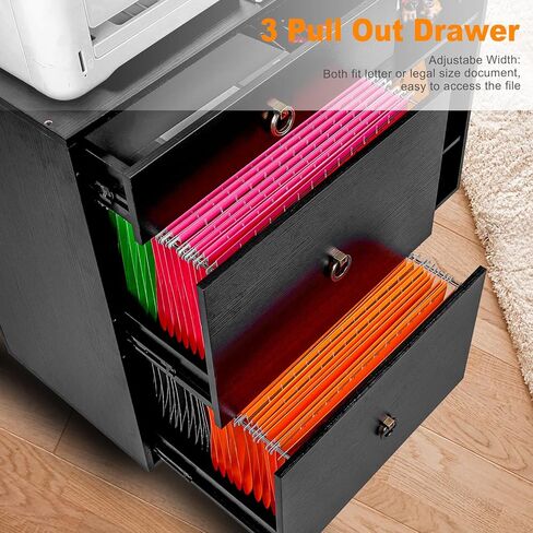 خزانة الملفات المتنقلة EasyPAG ذات 3 أدراج وخزانة الملفات الجانبية الخشبية ورفين مفتوحين للمستندات والورق ومجلدات الملفات المعلقة، أسود in Kuwait