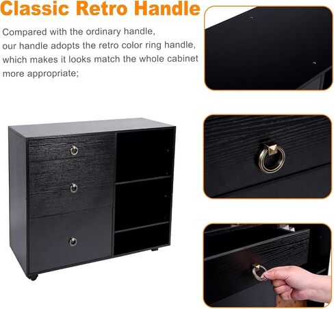 خزانة الملفات المتنقلة EasyPAG ذات 3 أدراج وخزانة الملفات الجانبية الخشبية ورفين مفتوحين للمستندات والورق ومجلدات الملفات المعلقة، أسود in Kuwait