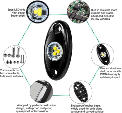 4 قرون LED مجموعة إضاءة الصخور لسيارة جيب ATV SUV الطرق الوعرة سيارة شاحنة قارب Underbody Glow Trail Rig Lamp Underglow LED أضواء نيون مقاومة للماء - أبيض in Saudi Arabia
