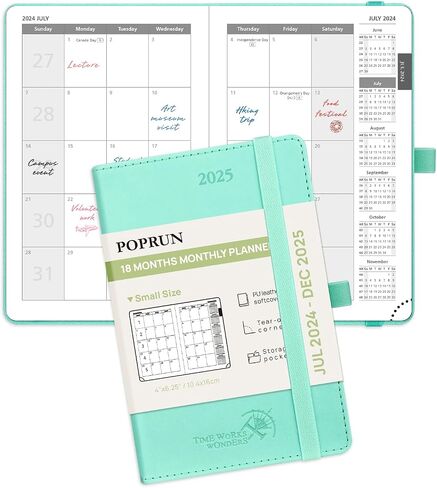 POPRUN Monthly Planner 2024-2025 (8.5" x 6.5"), 18-Month Calendar Book (Jul.2024-Dce.2025) Soft Cover, Calendar Planner with Monthly Tabs & Pocket, 100 GSM Paper - Black in Saudi Arabia