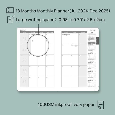 POPRUN Monthly Planner 2024-2025 (8.5" x 6.5"), 18-Month Calendar Book (Jul.2024-Dce.2025) Soft Cover, Calendar Planner with Monthly Tabs & Pocket, 100 GSM Paper - Black in Saudi Arabia