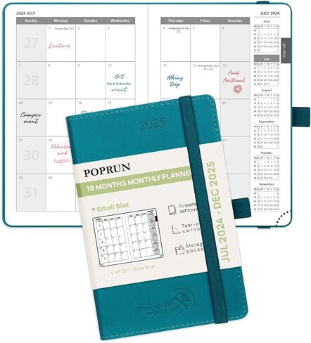 POPRUN Monthly Planner 2024-2025 (8.5" x 6.5"), 18-Month Calendar Book (Jul.2024-Dce.2025) Soft Cover, Calendar Planner with Monthly Tabs & Pocket, 100 GSM Paper - Black in Saudi Arabia