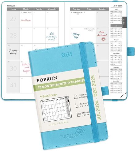 POPRUN Monthly Planner 2024-2025 (8.5" x 6.5"), 18-Month Calendar Book (Jul.2024-Dce.2025) Soft Cover, Calendar Planner with Monthly Tabs & Pocket, 100 GSM Paper - Black in Saudi Arabia