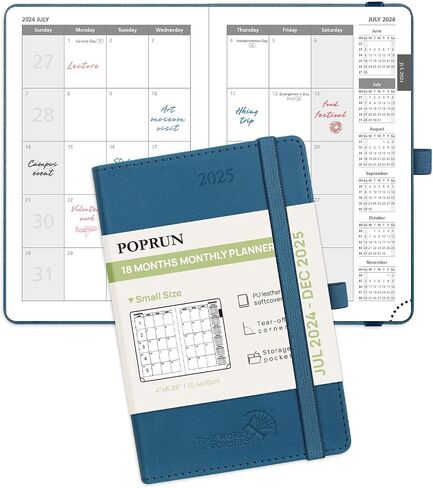 POPRUN Monthly Planner 2024-2025 (8.5" x 6.5"), 18-Month Calendar Book (Jul.2024-Dce.2025) Soft Cover, Calendar Planner with Monthly Tabs & Pocket, 100 GSM Paper - Black in Saudi Arabia