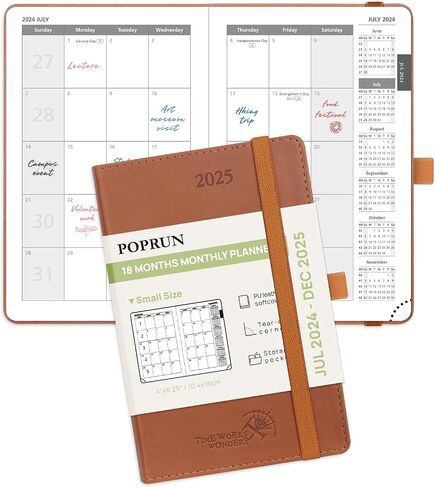 POPRUN Monthly Planner 2024-2025 (8.5" x 6.5"), 18-Month Calendar Book (Jul.2024-Dce.2025) Soft Cover, Calendar Planner with Monthly Tabs & Pocket, 100 GSM Paper - Black in Saudi Arabia
