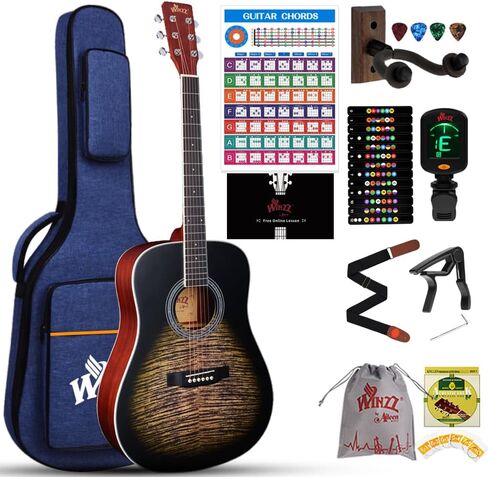 WINZZ 41 Inches Acoustic Guitar Kit for Beginner, 4/4 Full size Adult Guitar Starter Bundle with Online Lessons and Full Accessories Set (Sunburst Black) in Saudi Arabia