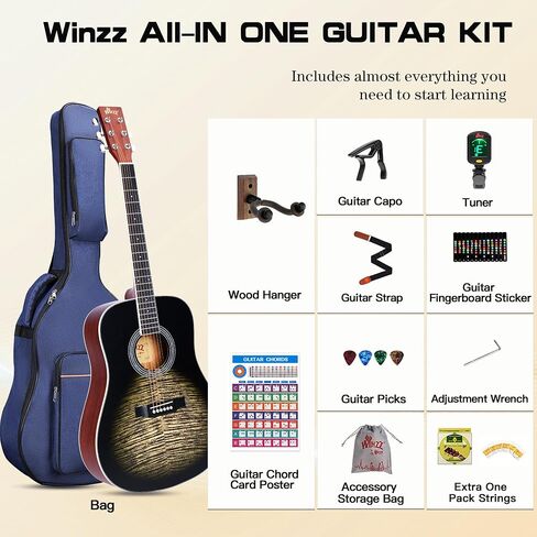WINZZ 41 Inches Acoustic Guitar Kit for Beginner, 4/4 Full size Adult Guitar Starter Bundle with Online Lessons and Full Accessories Set (Sunburst Black) in Saudi Arabia