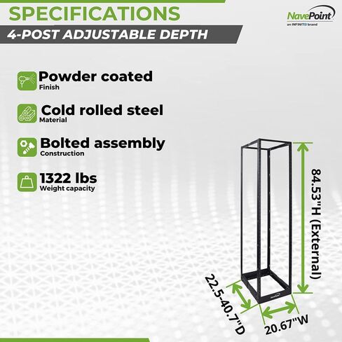 NavePoint 45U 4 Post Server Rack – Open Frame Rack for 19 Inch Equipment, Adjustable Depth 4-Post Network Rack Floor Mount, 45U Server Rack 1322lbs Capacity, Black in Saudi Arabia