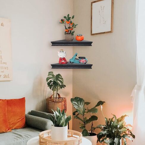 NIUBEST حامل جدار على رف الزاوية، مجموعة من أرفف زاوية عائمة مثلثة لتخزين وعرض الحائط، رف جدار زاوية خشبي مقاس 13 بوصة لغرفة النوم وغرفة المعيشة والحمام والمطبخ-جوز داكن in Kuwait