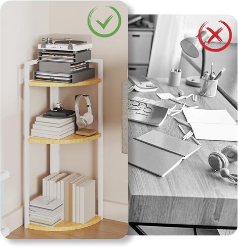 3-Tier Desktop Bookshelf, Corner Shelf, Multipurpose Corner Display Rack Industrial Storage Corner Shelving for Bedroom, Living Room, Kitchen, Small Space (White Wood) in Saudi Arabia