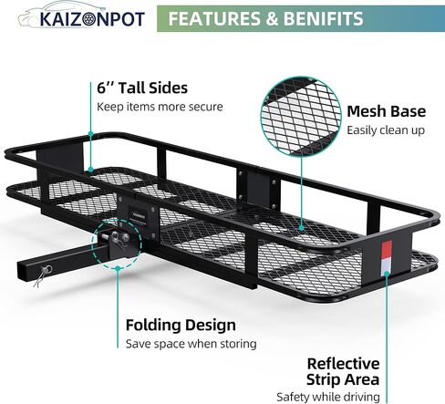 KAIZONPOT Hitch Cargo Carrier، سلة حامل بضائع مقاس 60 × 20 × 6 بوصات بسعة 500 رطل، رفوف شحن قابلة للطي لمقطورة نقل البضائع in Kuwait