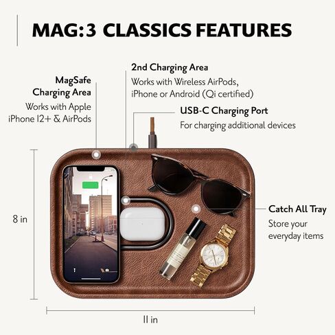 Courant MAG:3 Classics Charger and Tray - Italian Leather, Multi-Device Charger Compatible with MagSafe iPhones 15/14/13/12 or Wireless AirPod Cases (Black) in Saudi Arabia