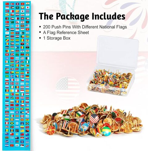 200 Pcs National Flag Thumb Tacks Country Flag Push Pins with National Flag Guide, Map Tacks Places I've Been Flag Map Push Pins for World Map Pins Flag Map Pins for Cork Board, Travel World Map in Saudi Arabia