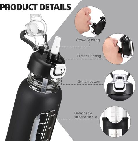 32 oz Glass Water Bolttles with Straw Large Motivational Water Bottle with Time Marker Sports Water Bottles with Silicone Sleeve and Handle Lid Water Jug for Gym Workout in Saudi Arabia