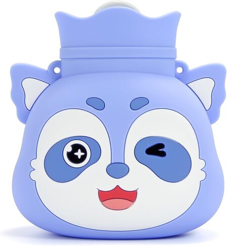 Cute Hot Water Bottle - with Cover 480ML Hot Warm Water Bag for Pain Relief, Heating Bag Hand Warmer Silicone Shoulder and Hand Feet Warmer, Hot Compress and Cold Therapy Mini (Raccoon-Blue) in Saudi Arabia