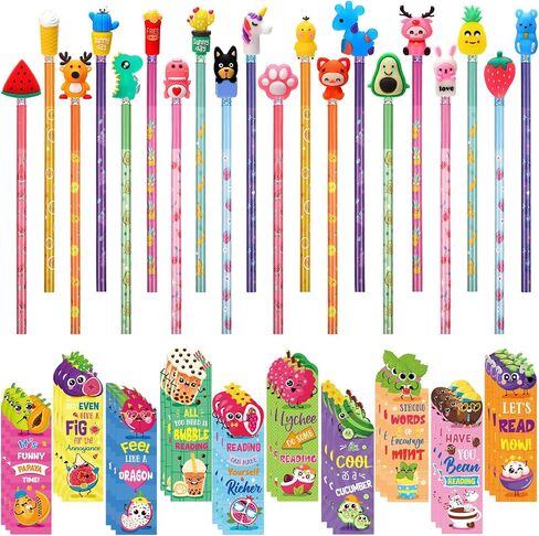 80 Pcs Scented Bookmarks and Scented Pencils with Cute Pencil Toppers Set Fun Pencils Fruit Food Theme Scratch and Sniff Bookmarks Cartoon Pencil Toppers for Kids Students Supplies (Cute Style) in Saudi Arabia