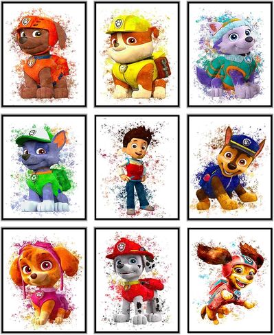 Paw Patrol Kids Room Posters - 9 Pieces 8x10" Unframed Rescue Pups Watercolor Digital Printed Wall Art for Boys Room Decor, Girls Bedroom Decor, Teen Room Decor, Teen Wall Decor, Gifts for Nursery, Kids Room, Man Cave Decoration. in Saudi Arabia