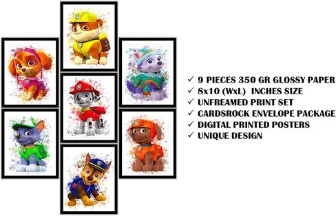 Paw Patrol Kids Room Posters - 9 Pieces 8x10" Unframed Rescue Pups Watercolor Digital Printed Wall Art for Boys Room Decor, Girls Bedroom Decor, Teen Room Decor, Teen Wall Decor, Gifts for Nursery, Kids Room, Man Cave Decoration. in Saudi Arabia
