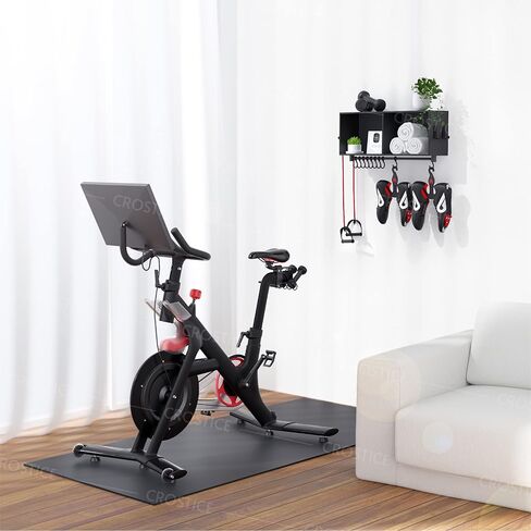 رف متوافق مع Peloton Original Bike and Bike Plus، رف مزود بخطافات، منظم حائط لسجادة اليوجا، منشفة، أحذية الدراجة، الزجاجات، الميداليات وما إلى ذلك - ملحقات لصالة الألعاب الرياضية المنزلية in Kuwait