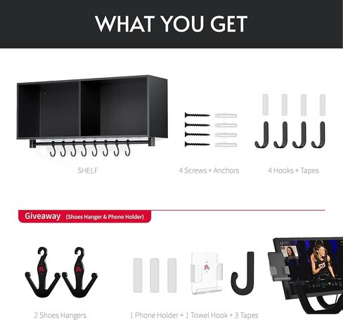 رف متوافق مع Peloton Original Bike and Bike Plus، رف مزود بخطافات، منظم حائط لسجادة اليوجا، منشفة، أحذية الدراجة، الزجاجات، الميداليات وما إلى ذلك - ملحقات لصالة الألعاب الرياضية المنزلية in Kuwait