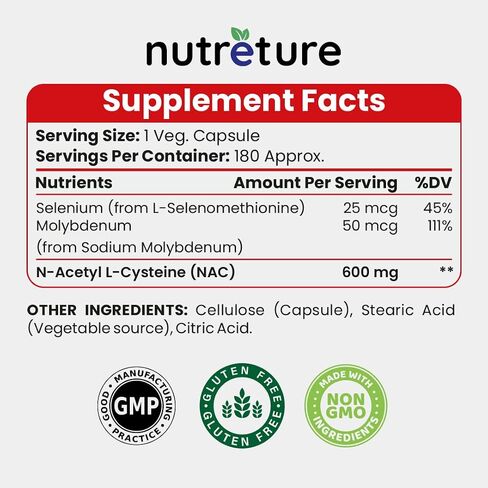 مكمل NAC لدعم وإصلاح الكبد - NAC N-Acetyl-Cysteine ​​600Mg، السيلينيوم 25Mcg والموليبدينوم 50Mcg - تم تركيبه لمساعدة الكبد على التخلص من سموم الكبد ووظائف الكلى وصحة الرئة، 180 كبسولة. in Saudi Arabia