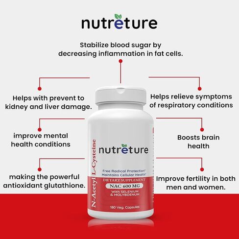 مكمل NAC لدعم وإصلاح الكبد - NAC N-Acetyl-Cysteine ​​600Mg، السيلينيوم 25Mcg والموليبدينوم 50Mcg - تم تركيبه لمساعدة الكبد على التخلص من سموم الكبد ووظائف الكلى وصحة الرئة، 180 كبسولة. in Saudi Arabia