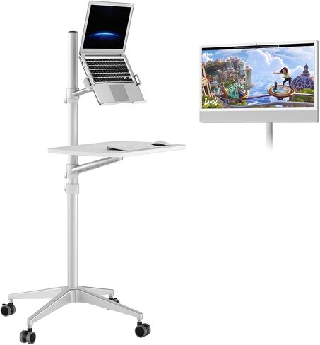 Omhuzsyo Portable Rolling Laptop cart Desk, Height Adjust can Support a Standing Workstation for Computers and Monitors, Store Mouse and Keyboard, Suitable for Sofas, Bedside, tv、Work, etc (White) in Kuwait