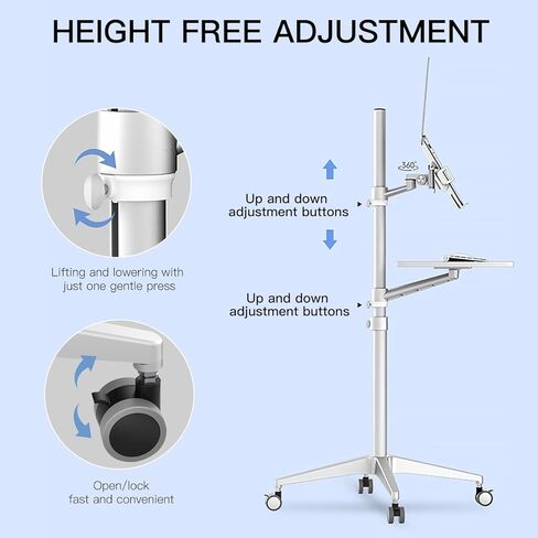 Omhuzsyo Portable Rolling Laptop cart Desk, Height Adjust can Support a Standing Workstation for Computers and Monitors, Store Mouse and Keyboard, Suitable for Sofas, Bedside, tv、Work, etc (White) in Kuwait