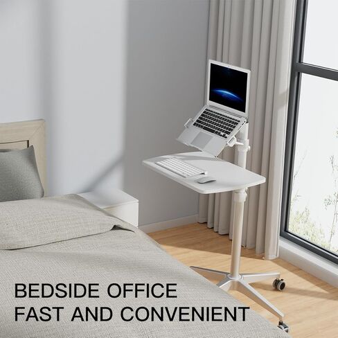 Omhuzsyo Portable Rolling Laptop cart Desk, Height Adjust can Support a Standing Workstation for Computers and Monitors, Store Mouse and Keyboard, Suitable for Sofas, Bedside, tv、Work, etc (White) in Kuwait