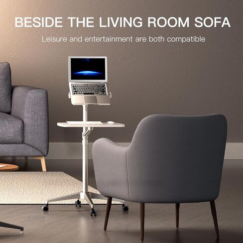 Omhuzsyo Portable Rolling Laptop cart Desk, Height Adjust can Support a Standing Workstation for Computers and Monitors, Store Mouse and Keyboard, Suitable for Sofas, Bedside, tv、Work, etc (White) in Kuwait