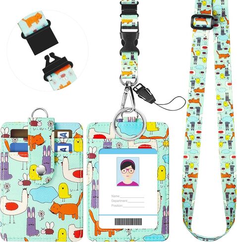 Kaptron ID Badge Holder with Lanyard, 3 Card Slots Badge Holder Wallet with Detachable Adjustable Safety Breakaway Clasp Key Lanyard Cute Designs for Teachers, Students, Nurses and Even Kids (Pink) in Saudi Arabia