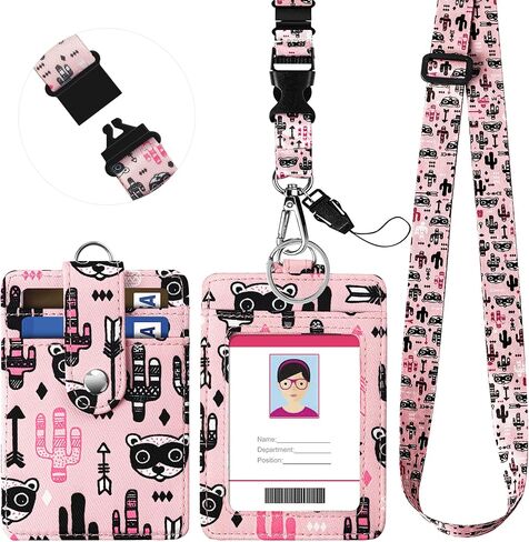 Kaptron ID Badge Holder with Lanyard, 3 Card Slots Badge Holder Wallet with Detachable Adjustable Safety Breakaway Clasp Key Lanyard Cute Designs for Teachers, Students, Nurses and Even Kids (Pink) in Saudi Arabia