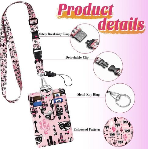Kaptron ID Badge Holder with Lanyard, 3 Card Slots Badge Holder Wallet with Detachable Adjustable Safety Breakaway Clasp Key Lanyard Cute Designs for Teachers, Students, Nurses and Even Kids (Pink) in Saudi Arabia