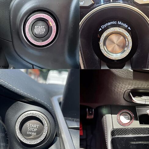 Honbay 3 قطع عالمية بلينغ سيارة حلقة شعار ملصق حجر الراين دفع لبدء زر بدء المحرك حلقة الديكور الداخلي مفتاح الإشعال بداية مقبض الباب الدائري (أبيض) in Kuwait