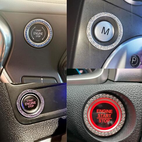 Honbay 3 قطع عالمية بلينغ سيارة حلقة شعار ملصق حجر الراين دفع لبدء زر بدء المحرك حلقة الديكور الداخلي مفتاح الإشعال بداية مقبض الباب الدائري (أبيض) in Kuwait