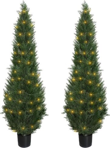 Two 5FT Artificial Cedar Topiary Christmas Trees,Fake Topiary Outdoor Plants in Pot, UV Rated Plant for The Front Door,Christmas Decor,Garden Decor(2pcs Christmas in Kuwait