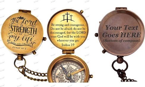Solid Brass Pocket Compass “The Lord is Strength of My Life" Free Quote Engraved and Leather Case in Saudi Arabia