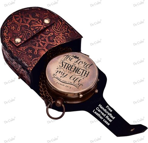 بوصلة جيب من النحاس الصلب "The Lord is Strength of My Life" اقتباس مجاني منقوش عليه وحقيبة جلدية in Kuwait