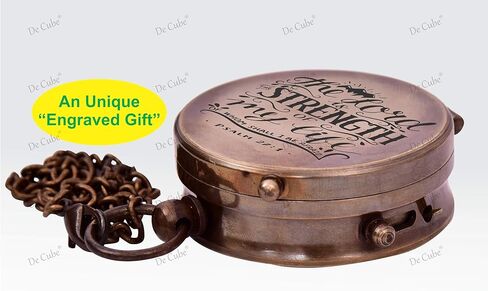 بوصلة جيب من النحاس الصلب "The Lord is Strength of My Life" اقتباس مجاني منقوش عليه وحقيبة جلدية in Kuwait