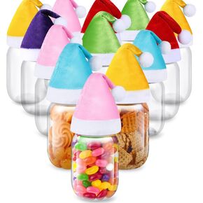 Hicarer 16 Set Christmas Plastic Mason Jars and Mini Santa Hat 12 oz Clear Plastic Jars with Lids Flannel Tiny Christmas Hat Empty Round Plastic Jars for Candies Cookies Storage (Red Style)