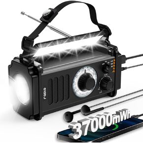 37000mWh Emergency Radio, Hand Crank Radio, NOAA/AM/FM Weather Radio, Solar Radio, USB Type-C Charging, Flashlight & Reading Lamp, SOS Alarm, Compass for Camping Hurricane Black