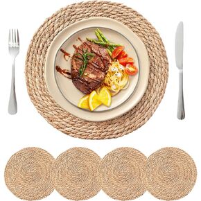 Round Woven Placemats Set of 12, 13.5'' Boho Rattan Chargers for Dinner Plates, Rustic Wicker Place Mats, Straw Braided Table Placemats, for Dining Table, Wedding, Farmhouse, Outdoor and Thanksgiving