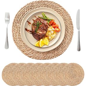 Round Woven Placemats Set of 12, 13.5'' Boho Rattan Chargers for Dinner Plates, Rustic Wicker Place Mats, Straw Braided Table Placemats, for Dining Table, Wedding, Farmhouse, Outdoor and Thanksgiving