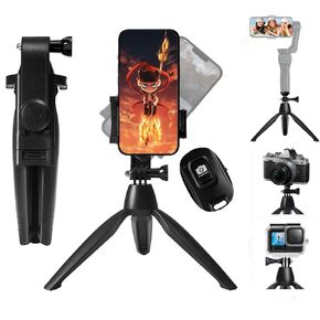 Phone Tripod&Cell Phone Stand,Portable Small Tripod with Wireless Remote and Clip for Video Recording/Vlogging/Selfie,Travel Tripod for iPhone/Cellphone/Gopro and Camera (Black)